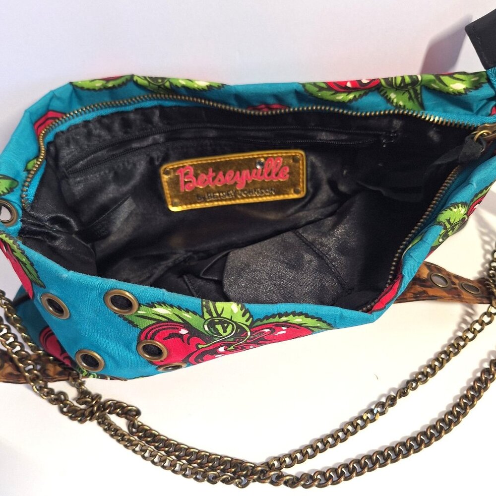 Betseyville Betsey Johnson Cherry HandBag Purse Chain & Leather Strap Turquoise - Picture 2 of 9